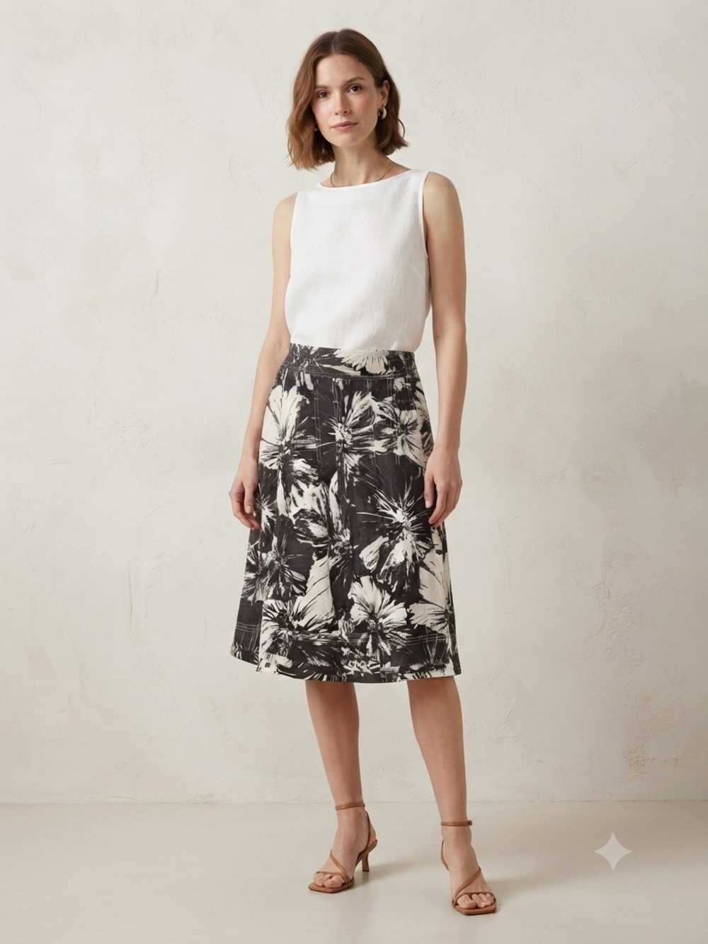 Grace Elements 100% Linen Brown and Cream Floral A-Line Midi Skirt Size 14